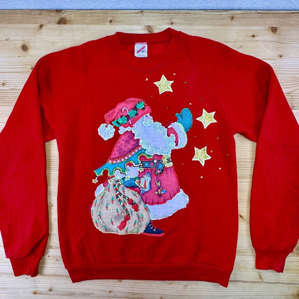Vintage‎ Jerzees Santa Claus Christmas Sweatshirt Red USA Made Size M